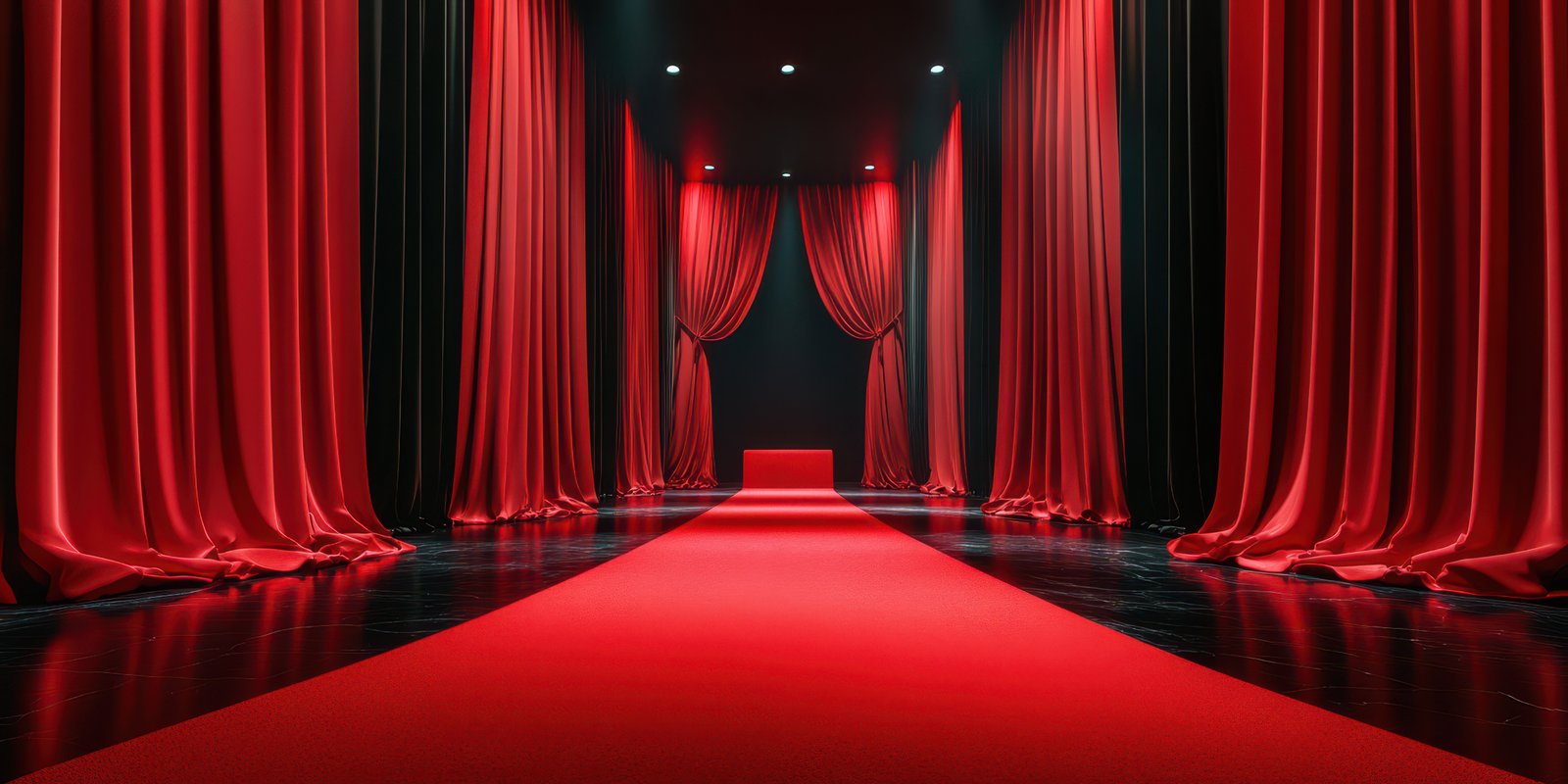 Elegant red carpet pathway leading to a stage surrounded by luxurious draping curtains in a dimly lit venue